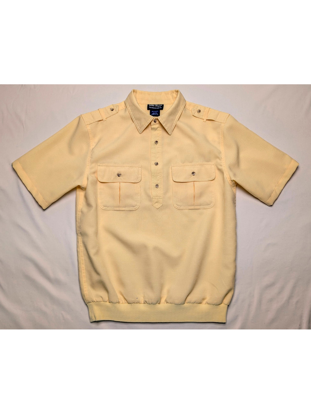 VTG 80s John Blair Yellow Woven Polo Shirt Banded Hem Chest Pockets Sz M